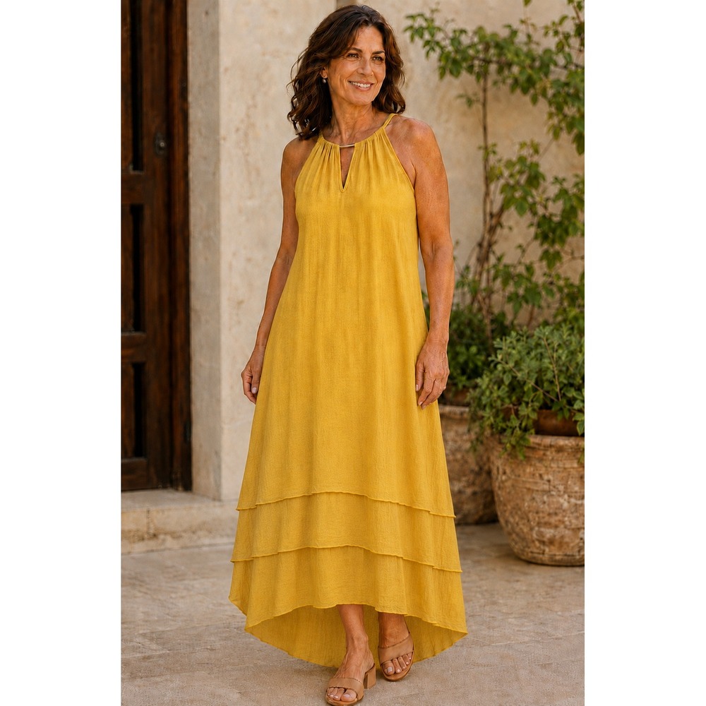 Mlle Gabrielle Halter Dress Tiered High-Low Yellow Women XL Boho Chic Resortwear